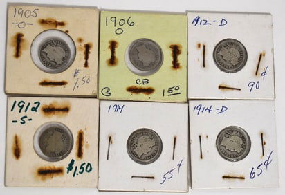 BARBER DIMES 1905-D/1906-O/1912-S/1912-D/1914/1914-D