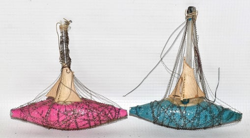 VICTORIAN GLASS/WIRE/DRESDEN SHIP CHRISTMAS ORNAMENTS