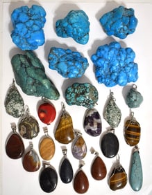 LOT ASSORT. MINERALS/PENDANTS INCL. TURQ., TIGERS EYE