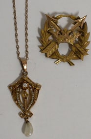 (2) 10KT YELLOW GOLD BROOCH/PENDANT W/DIAM. & NECKLACE