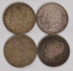 (4) MORGAN SILVER DOLLARS, 1878, 1904-O, 1921-S, 1921