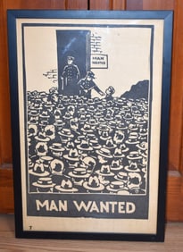 WOODBLOCK PRINT "MAN WANTED" POLICE POSTER SIGNED
