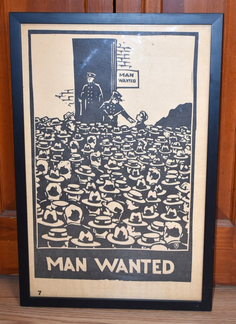 WOODBLOCK PRINT "MAN WANTED" POLICE POSTER SIGNED (1 of 4)