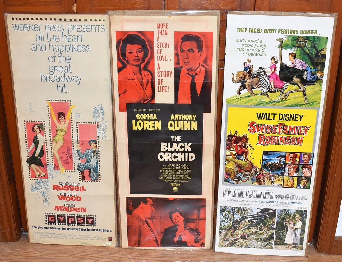 LOT (3) VINTAGE MOVIE POSTERS: LOT (3) VINTAGE MOVIE POSTERS INCL. GYPSY W/NATALIE WOOD, THE BLACK ORCHID SOPHIA LOREN AND SWISS FAMILY ROBINSON, C. 1950/60