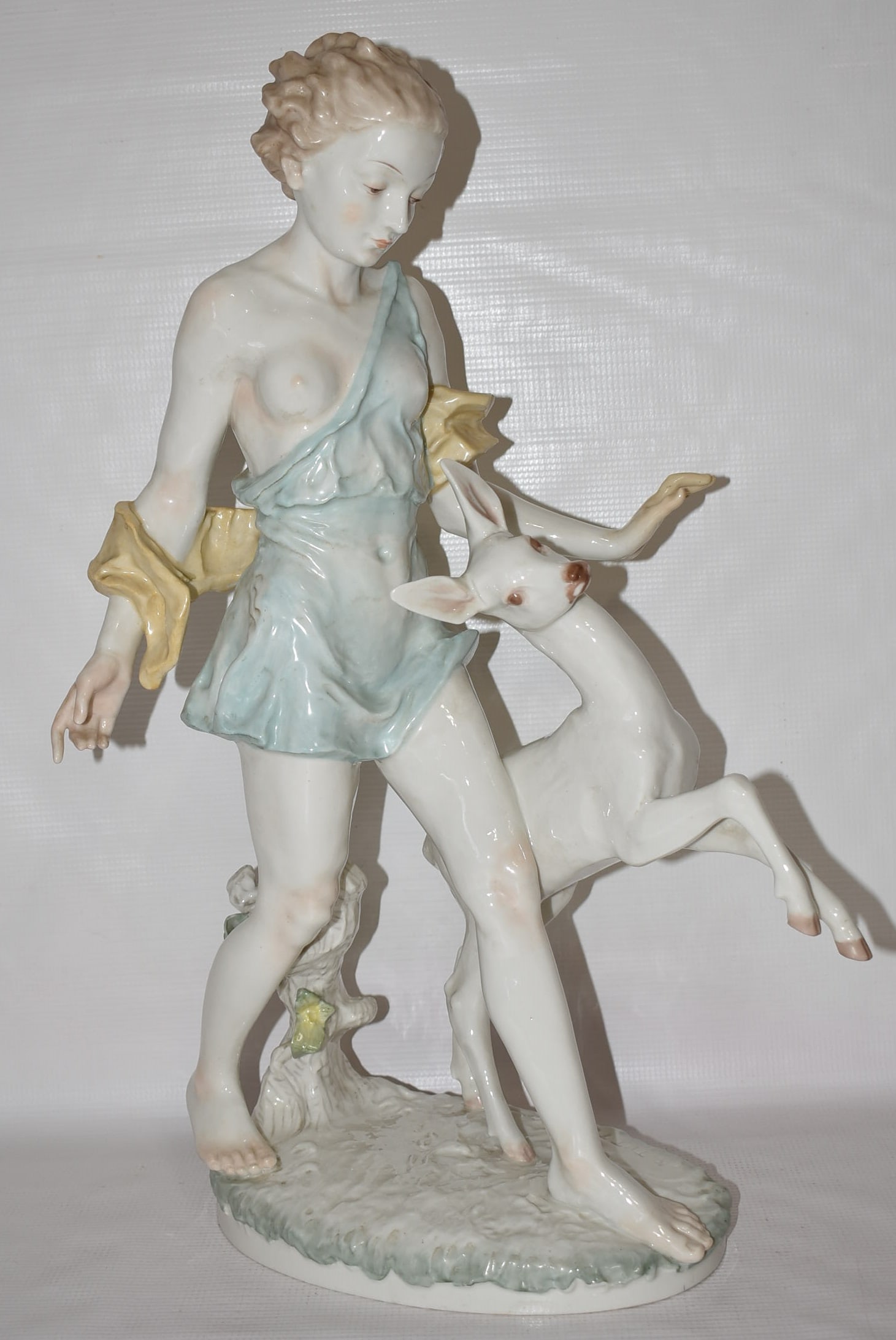 HUTSCHENREUTHER H/P PORC. FIG. SPRITE & FAWN, SIGNED: HUGE HUTSCHENREUTHER H/P PORCELAIN FIGURINES SPRITE & FAWN, SIGNED K. TUTTER, C.1920, H. 20 1/2"