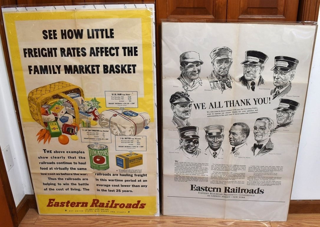 2 EASTERN RR POSTERS INCL. PRESIDENTS CONFERENCE: LOT (2) EASTERN RAILROAD POSTERS INCL. PRESIDENTS CONFERENCE/US WAR BONDS & STAMPS, C. 1942, 40" X 25"
