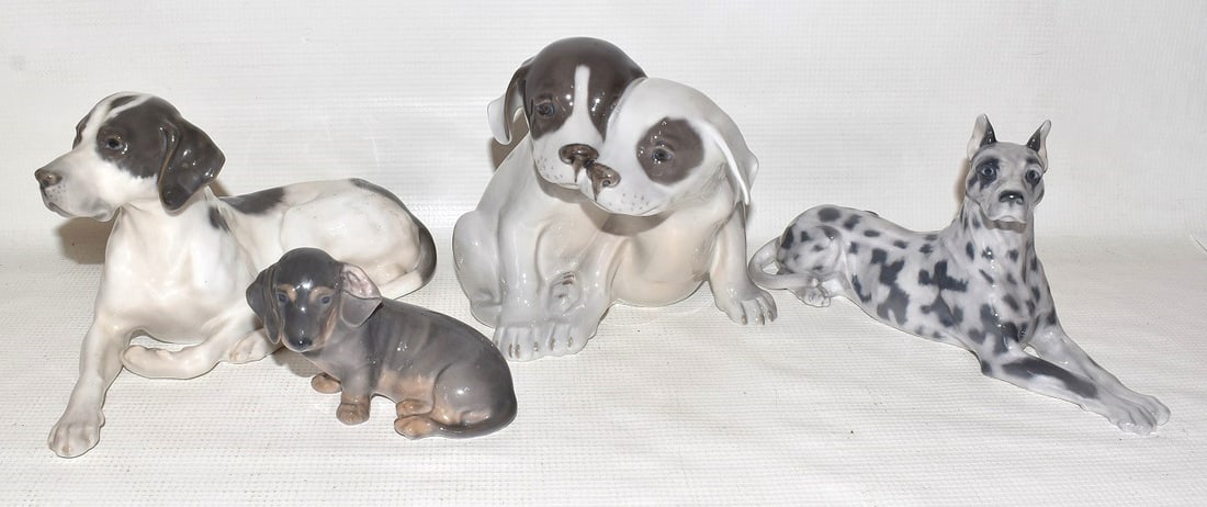 LOT (4) ROYAL COPENHAGEN DOGS: LOT (4) ROYAL COPENHAGEN DOGS: GREAT DANE; PAIR OF PUPS; DACHSHUND; POINTER; 20TH C.; TALLEST 7 1/2"