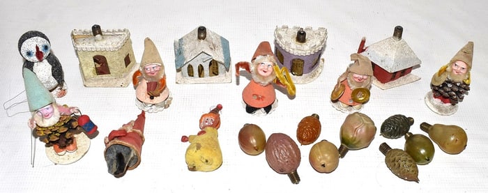 LOT ASSORT. VINTAGE JAPANESE PUTZ CHRISTMAS ORNAMENTS