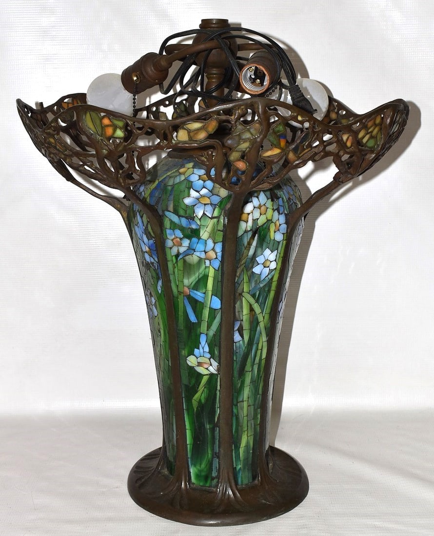 TIFFANY TYPE BRONZE/MOSAIC FLORAL LAMP BASE, 20TH C. (1 of 9)