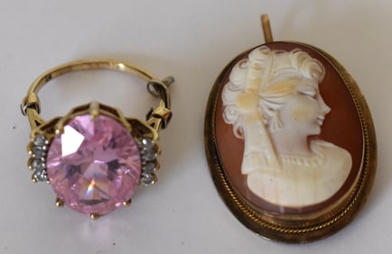 (2) INCL. 14KT VICTORIAN CAMEO, 10KT PINK QUARTZ RING