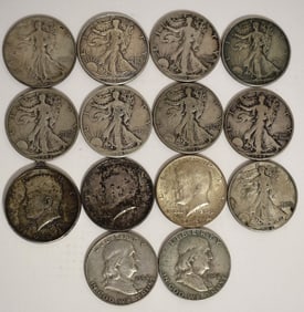 14 ASST U.S. SILVER HALF DOLLARS INCL. WALKING LIBERTY+