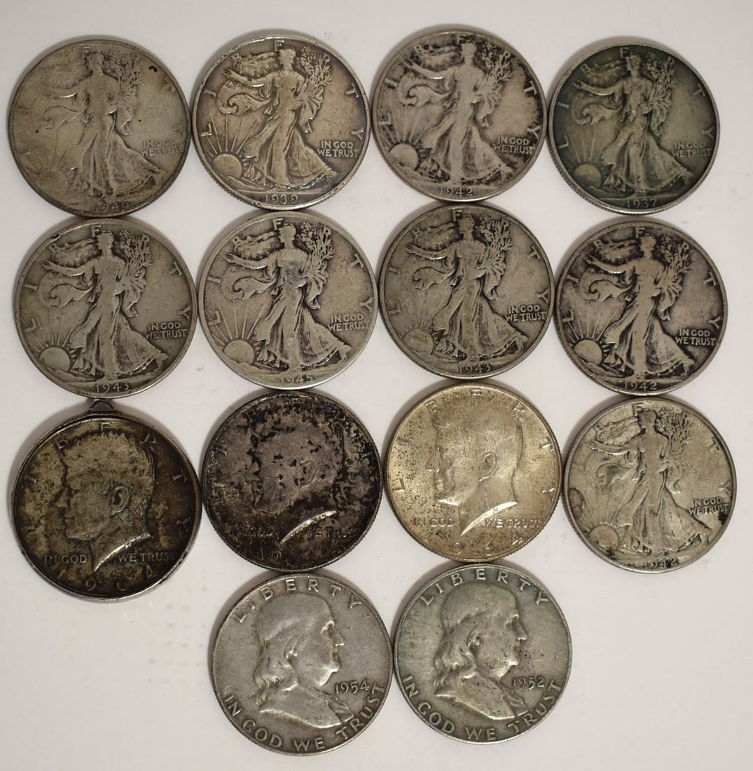 14 ASST U.S. SILVER HALF DOLLARS INCL. WALKING LIBERTY+: LOT (14) ASSORTED U.S. SILVER HALF DOLLARS INCL. WALKING LIBERTY, KENNEDY, ETC., $14 F.V.