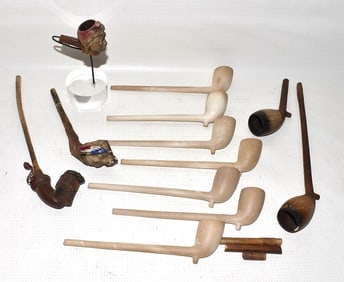 LOT DUTCH CLAY PIPES INCL. CARVED FIGURAL, 19TH C.