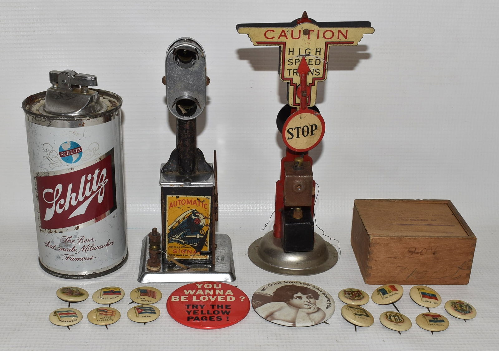 ASST COLLECTABLE ITEMS/SCHLITZ LIGHTER/FLAG PINS/MARX (1 of 8)