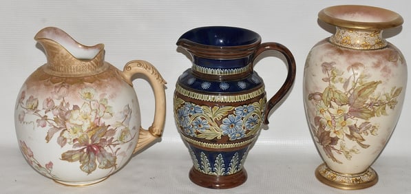 (3) DOULTON PITCHERS/VASE W/FLORAL DESIGN, 19/20TH C.