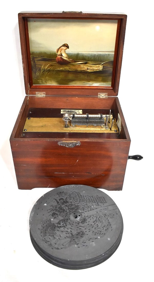 OLYMPIA MAHOGANY SINGLE COMB MUSIC BOX, 19TH C, WORKING (1 of 7)