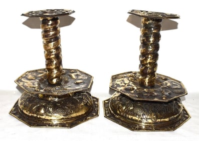 PAIR DUTCH BRASS REPOUSSE CANDLESTICKS, 19TH C.
