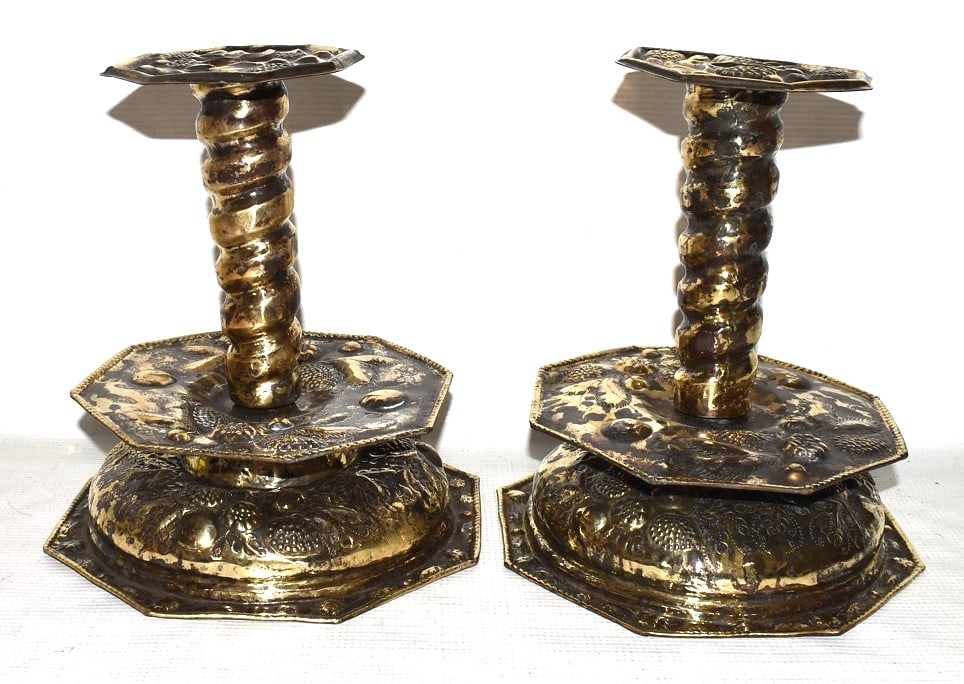 PAIR DUTCH BRASS REPOUSSE CANDLESTICKS, 19TH C. (1 of 5)