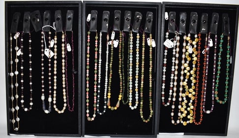 3 TRAYS ASST NECKLACES INCL. GARNET/JADE/PEARL/AMETHYST