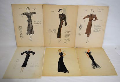 LOT (6) ART DECO FASHION W/C FRENCH EVENING DRESSES