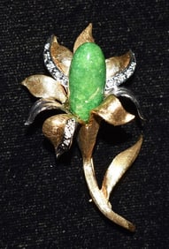 ART DECO 14KT Y/W GOLD/JADE/DIAMOND BROOCH
