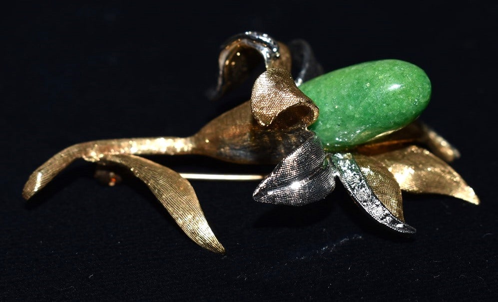 ART DECO 14KT Y/W GOLD/JADE/DIAMOND BROOCH - 3