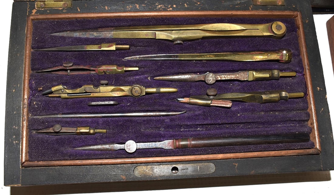 5 ASST. CASED INSTRUMENTS INCL. ROSEWOOD DRAFTING SET + - 2