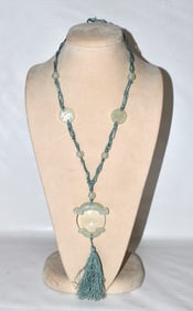 CHINESE WHITE/CELEDON JADE MAGNIFYING GLASS W/BRAIDED SILK NECKLACE, 20TH C., L.