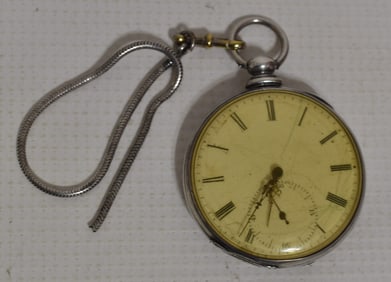 D. PERRET COIN SILVER KEY WIND POCKET WATCH 13J SZ. 14