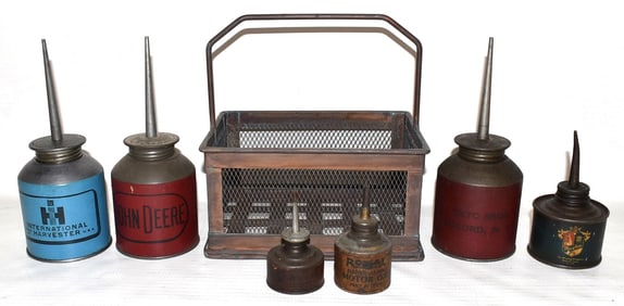 (6) VINT. OIL CANS INCL. JOHN DEERE, INTERNATIONAL