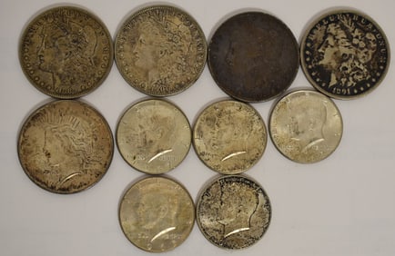 LOT ESTATE SILVER COINAGE INCL. 5 MORGAN/PEACE DOLLARS