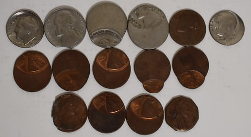 LOT ASST. U.S. COIN WITH CLIPPED/OFF CENTER STAMP.