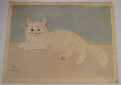 WOODBLOCK PERSIAN CAT SIGNED TSUGUHARA FOUJITA