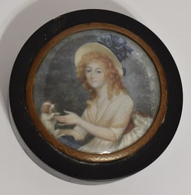 EARLY WATERCOLOR MINIATURE SNUFF BOX, 19TH C., D. 3"