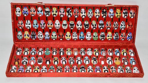 CASED SET JAPANESE THEATER MASKS, 20TH C., APPROX. 102