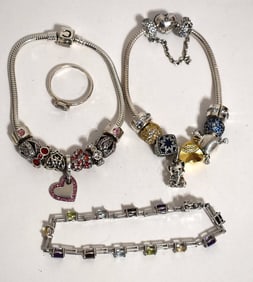 LOT ASSORTED VINTAGE PANDORA BRACELETS, RINGS, ETC.