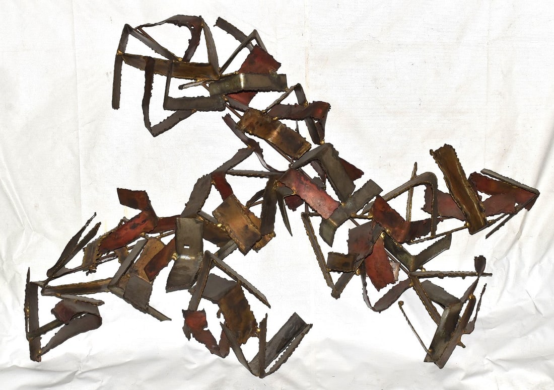 BRUTALIST TORCH CUT COLORED TIN SIGNED SILAS SEANDEL: BRUTALIST TORCH CUT COLORED TIN SIGNED SILAS SEANDEL (1937-NY, NY) DATED 1972, H. 32" W. 42"