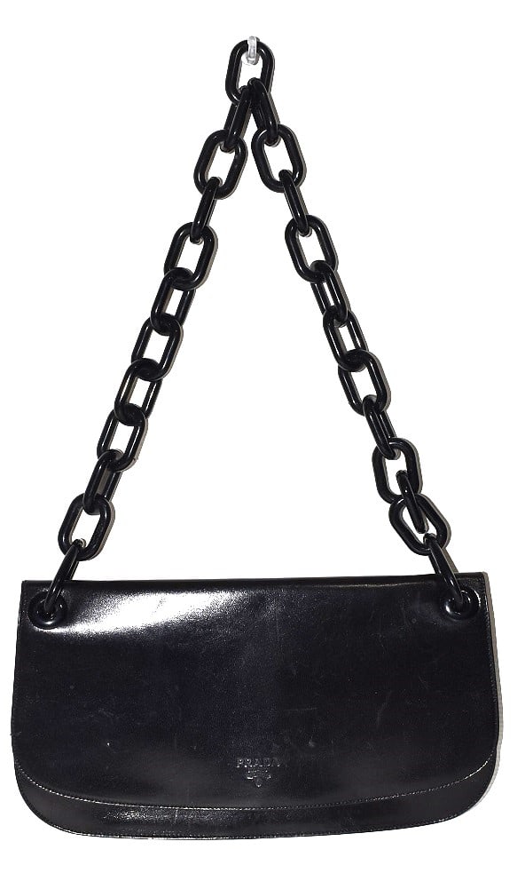 PRADA BLACK LEATHER PURSE MADRAS SWING B6378 W/DUST BAG: PRADA BLACK LEATHER PURSE "MADRAS SWING" B6378 W/DUST BAG, TAGS & PURCHASE BAG, C. 1980'S/90'S, 6 1/2" X 12"