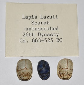(3) EGYPTIAN SCARABS INCL. LAPIS LAZULI, 26TH DYNASTY