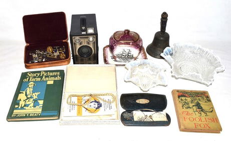 ASST SMALLS INCL. BOX BROWNIE CAMERA, GRAY'S POTTERY +