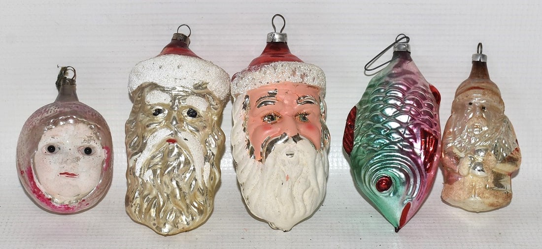 LOT (4) ASSORTED VINTAGE GLASS FIGURAL CHRISTMAS ORN.: LOT (4) ASSORTED VINTAGE GLASS FIGURAL CHRISTMAS ORNAMENTS, 19/20TH C.