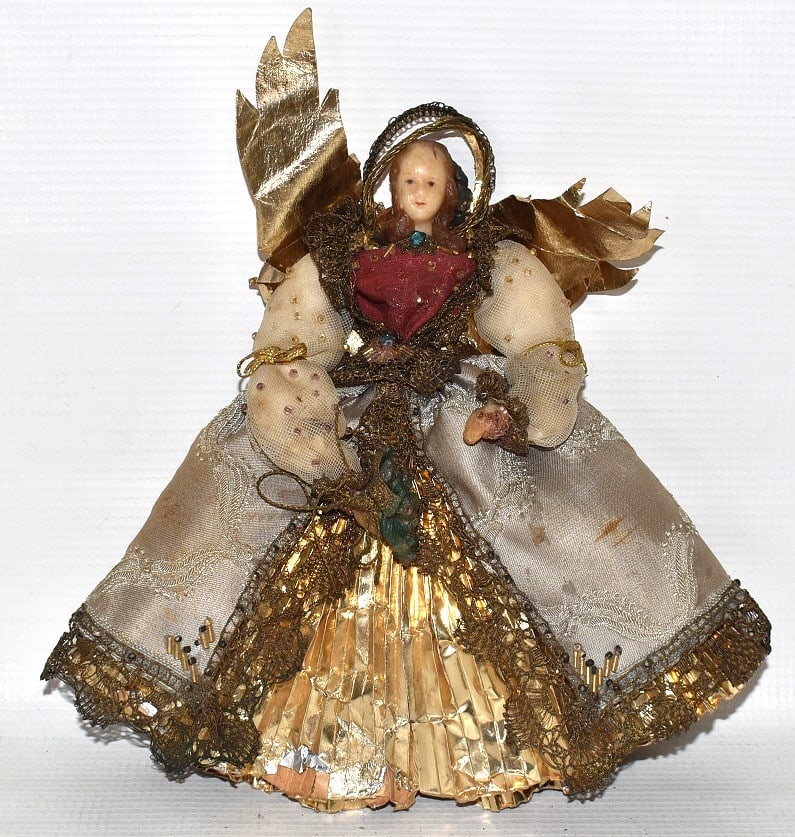 VICTORIAN WAX/FOIL CHRISTMAS TREE ANGEL TOPPER, 9": VICTORIAN WAX/FOIL CHRISTMAS TREE ANGEL TOPPER, 9", C. 19/20TH