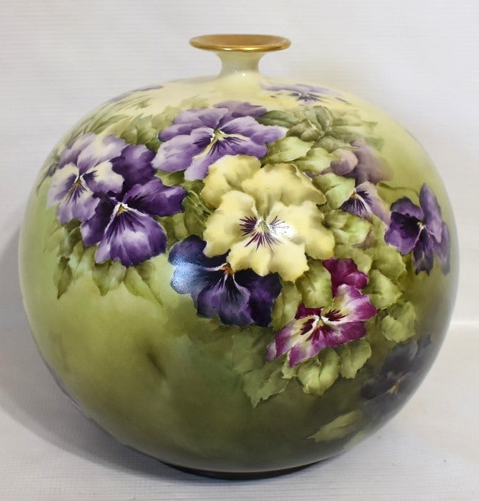 BELLEEK H/P PANSY DECORATED BUD VASE, 19/20TH C.: BELLEEK H/P PANSY DECORATED BUD VASE, 19/20TH C., H. 10" D. 10"