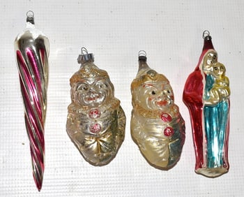 LOT (4)  ASSORT. VINTAGE GLASS FIGURAL CHRISTMAS ORN.