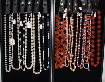 2 TRAYS ASSORTED NECKLACES INCL. CORAL, CINNABAR, PEARL