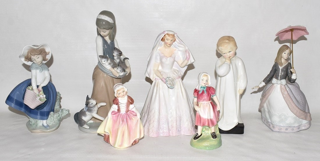(7) PORCELAIN FIGURINES, LLADRO/ROYAL DOULTON, 20TH C.: LOT (7) PORCELAIN FIGURINES, LLADRO/ROYAL DOULTON, 20TH C., H. TALLEST 9 1/2"
