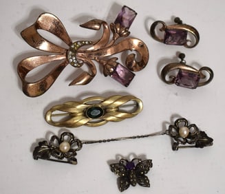ASST VINT STERLING JEWELRY INCL. LARGE AMETHYST BROOCH+