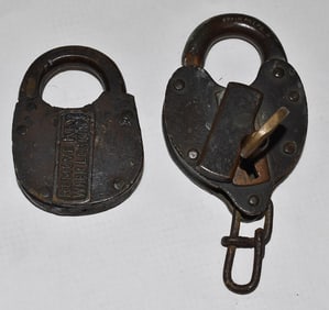 2 EARLY BRASS RAILROAD LOCKS INCL. ERIE RR CAST/D.L & W