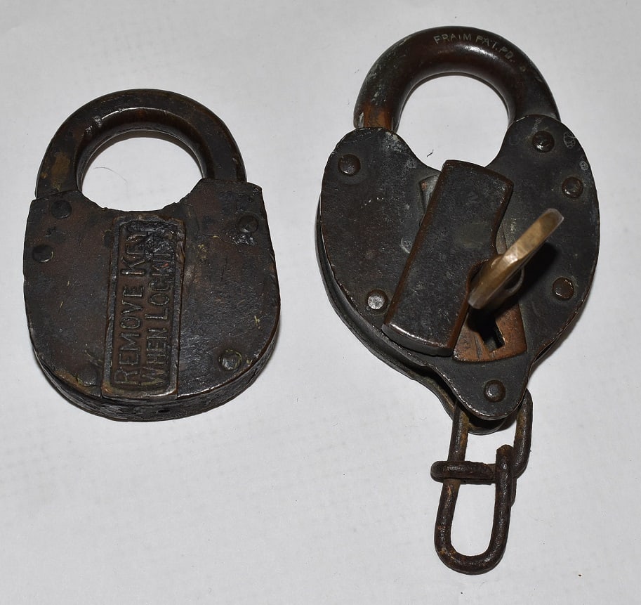 2 EARLY BRASS RAILROAD LOCKS INCL. ERIE RR CAST/D.L & W (1 of 5)