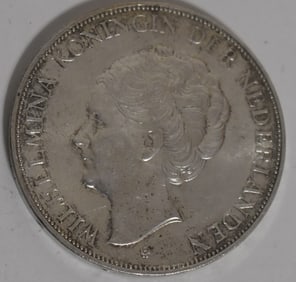 1938 NEDERLANDEN 2 1/2 GULDEN, WILHELMINA-1 RARE